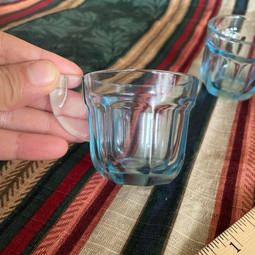 Vintage Blue glass cups with vertical ridges - Picture 2 of 8